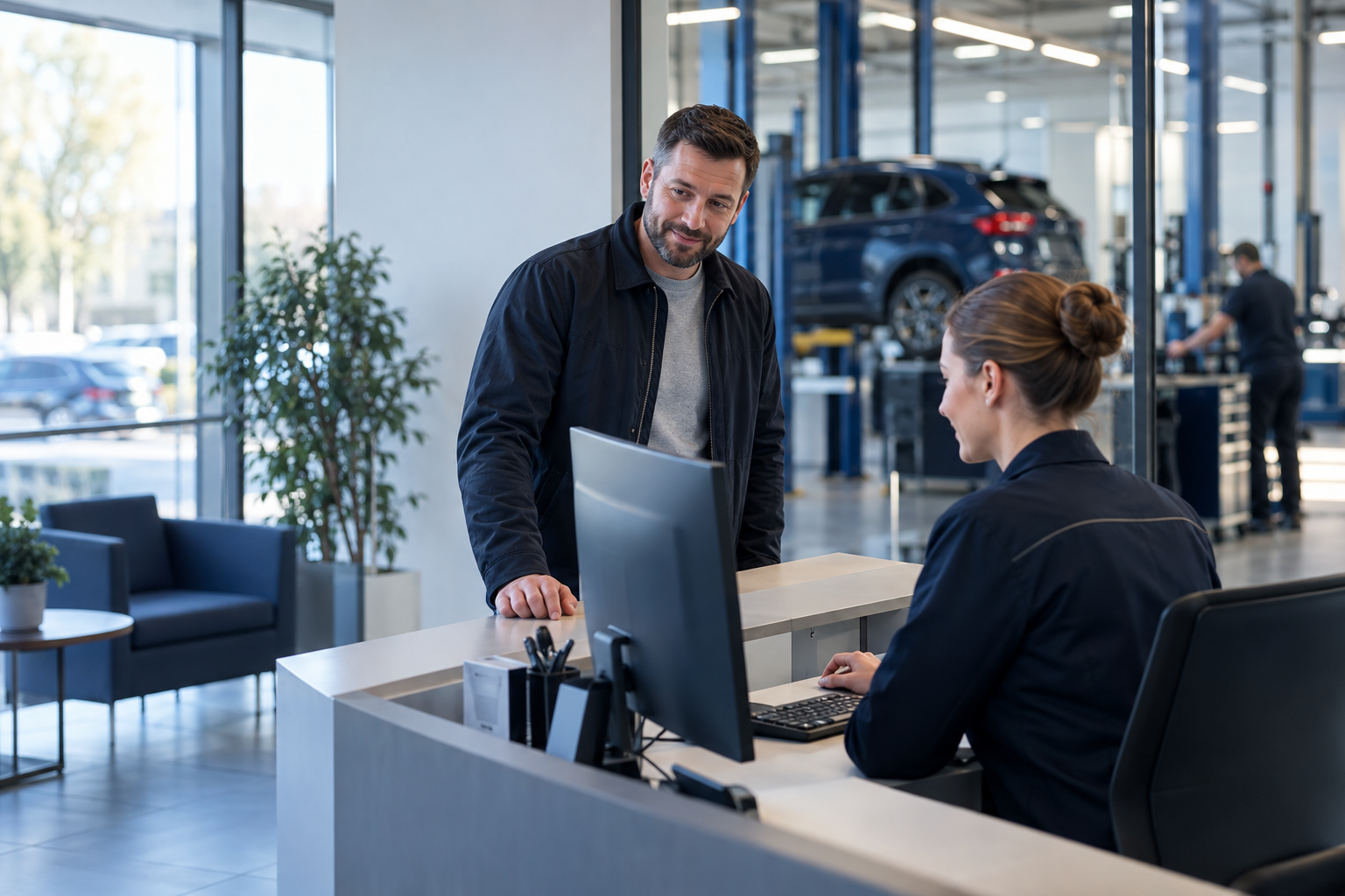 Service adviser reviewing a booking at a UK dealership reception, with the workshop visible behind.